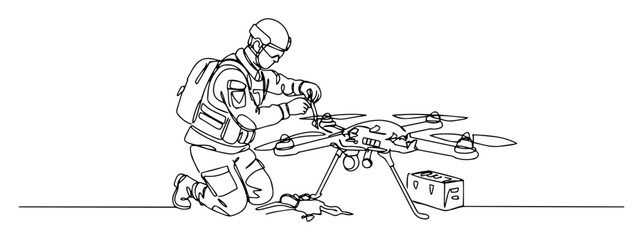 Obraz premium soldier adjusting quadcopter drone for mission – outline tech operation graphic