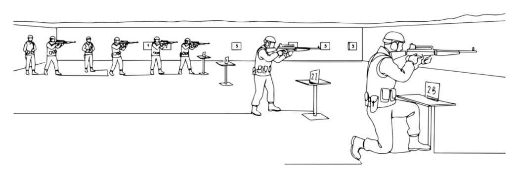 soldiers at shooting range during firearms training &ndash; outline army practice scene