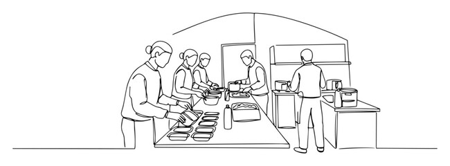 Obraz premium military field kitchen with soldiers serving food – outline logistics scene