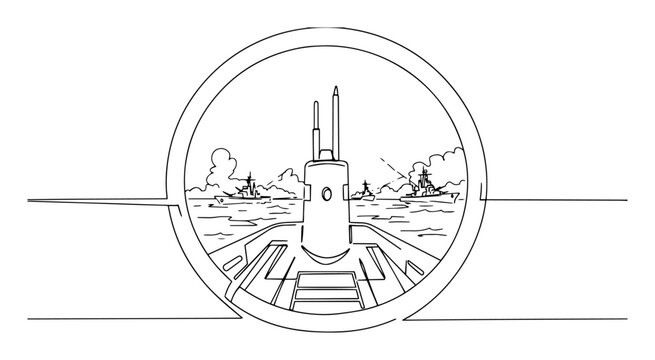 submarine seen through periscope view &ndash; outline naval surveillance graphic