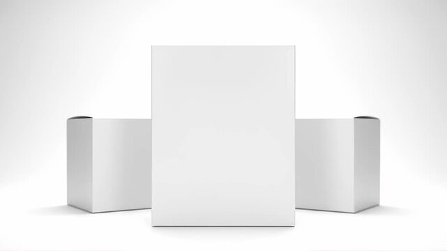 Three blank white rectangular product packaging boxes mockup stand on a white studio background. Tall centered box flanked by two smaller cosmetic or medicine carton packs, 3D render illustration.
