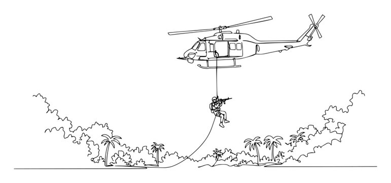 soldier rappelling from helicopter into jungle &ndash; outline tactical insertion