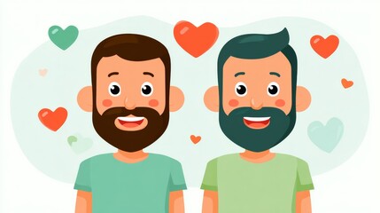 Obraz premium Two young men in love beards and hearts gay romance love friendship happiness stylish fun graphic Valentines Day Valentine card cartoon illustration gay marriage love affair background copy space