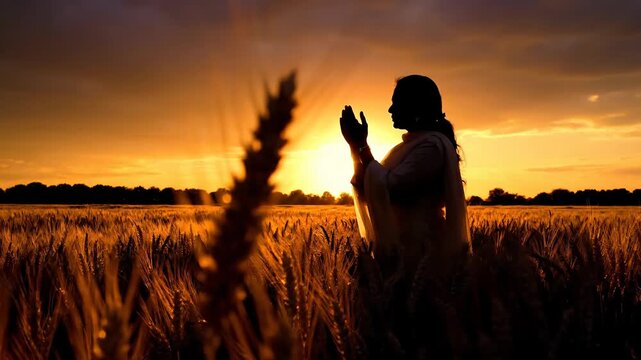 Woman Praying in Wheat Field at Sunset