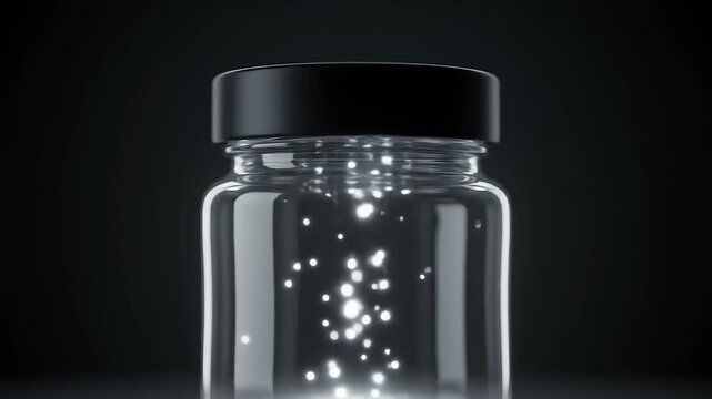 Close-up of clear glass vial or jar with black cap containing glowing magical particles inside, set against a dark background, representing pharmaceutical or cosmetic abstract concept.