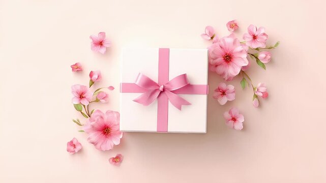 Mothers Day, Valentines Day, love holiday theme. A white gift box adorned with a pink ribbon, surrounded by delicate pink cherry blossoms, set against a soft pink background.