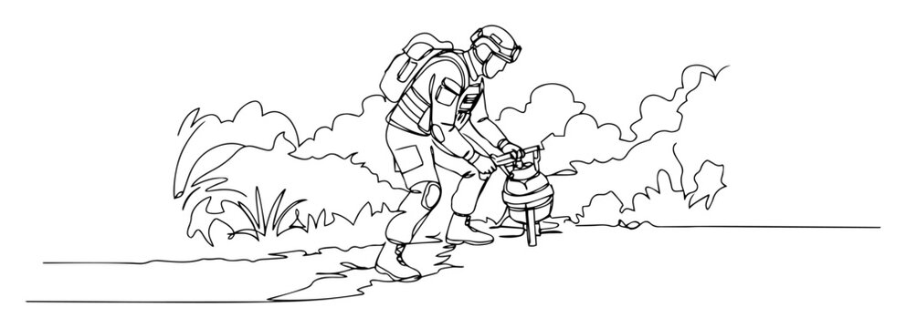 soldier placing explosive in field minimalist line art