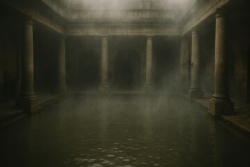 Obraz premium Ancient Roman bathhouse with steaming water. Eerie atmosphere evokes mystery and tranquility.