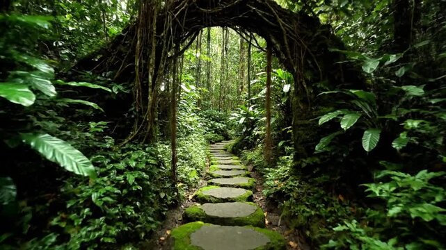 Dolly Shot of Mossy Stone Steps Leading Through a Lush Tropical Jungle Arch