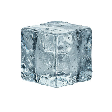 A single, perfectly square, crystal-clear ice cube with internal fractures and frosted condensation, suspended against a bright white background with a soft shadow, pristine refreshing concept.