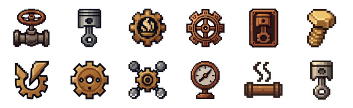 Pixel art steampunk mechanical parts icon set with various cogs, gears, pistons, pipes, and a pressure gauge in a retro 8-bit video game aesthetic