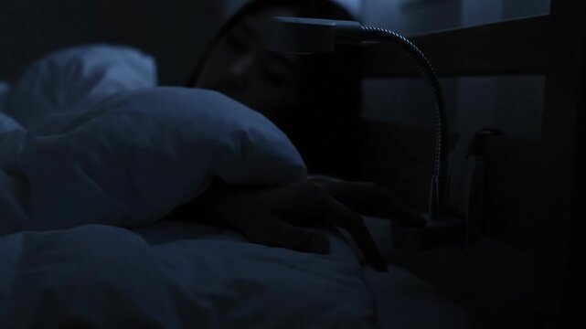 Woman sleeping in bed, turns off bedside lamp with hand