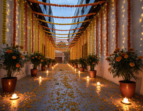 Elegant Indian home passage adorned with marigold flowers and vibrant string lights. Orange floral garlands grace the walls, while candles flicker gently amidst scattered petals on the floor