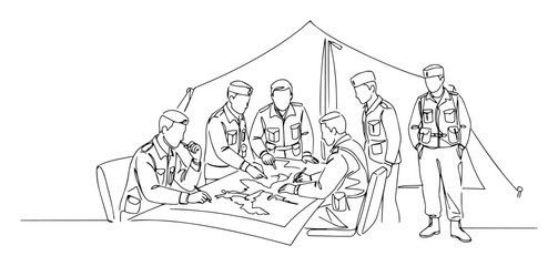 military command tent with strategy planning – outline vector illustration © Wieslaw