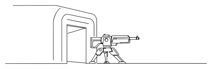 automated machine gun guarding bunker – black and white monoline design © Wieslaw