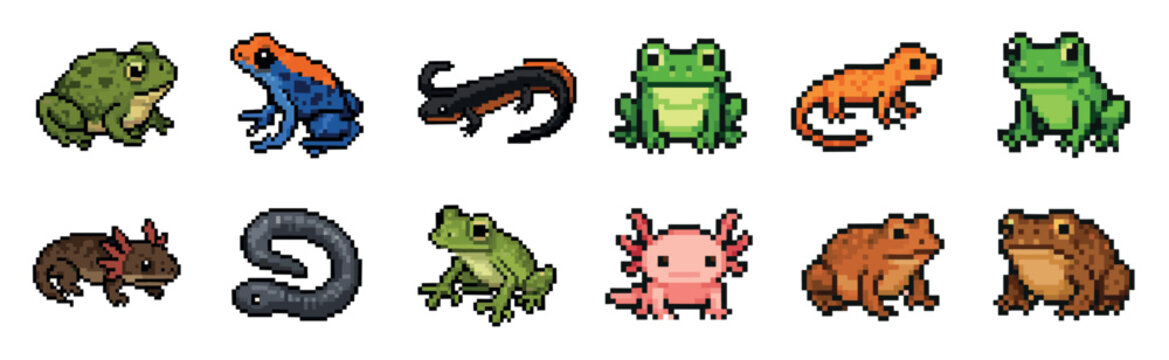 Colorful pixel art set of various amphibians including frogs, toads, salamanders, and axolotls designed in a retro 8-bit video game style for creative projects