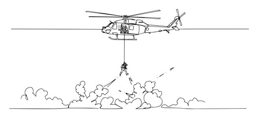 helicopter rope insertion operation in jungle – vector illustration created using a single line stroke © Wieslaw