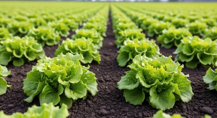Vibrant green lettuce field growing in rich dark soil, rows of organic plants. Healthy lettuce field plants thrive under natural sunlight,