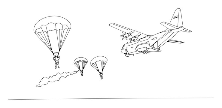paratroopers jumping from transport aircraft &ndash; one line vector art showcasing clean timeless artistic minimalism