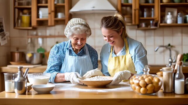 Mothers Day, Valentines Day, love holiday theme. Two women in aprons and gloves kneading dough together in a kitchen. The woman on the left, wearing a blue and white dress.