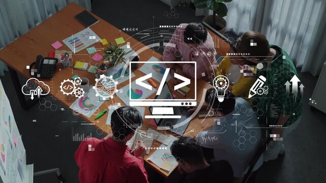 A dynamic office setting shows a diverse team collaborating on a project, integrating data analysis and coding illustrations, showcasing teamwork and innovation. Raster