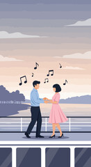 Fototapeta premium Couple Dancing Joyfully on Deck with Music Notes Floating Above