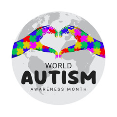 World Autism Awareness Month Puzzle Hands Heart Earth Vector