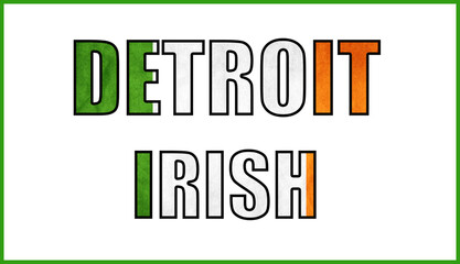 Detroit city typography filled with Irish flag colors on a clean background, representing heritage, identity, and cultural connections.