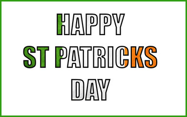 Happy St. Patrick&rsquo;s Day typography in green, white, and orange with bold lettering on a clean background celebrating Irish culture.