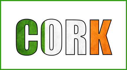 Cork text typography in green, white, and orange inspired by Irish flag colors, representing Irish culture, heritage, and national identity.