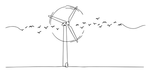 wind turbine with flying birds in minimalist landscape © Wieslaw