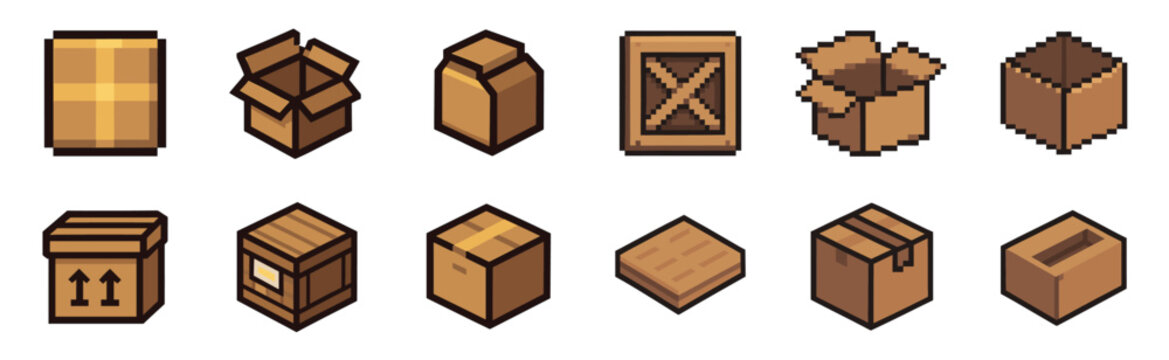 Pixel art icons of various shipping boxes, cartons, and wooden crates in a retro 8-bit video game style, featuring open, closed, and taped package designs for inventory assets