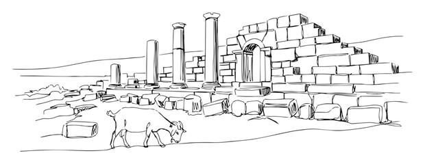Obraz premium greek ruins with columns and stone blocks in line art