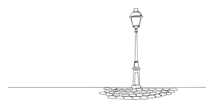 street lamp on cobblestone pavement in line art