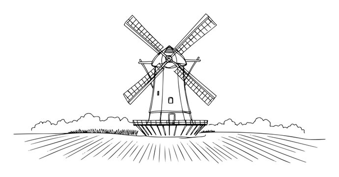 traditional windmill in countryside landscape line drawing