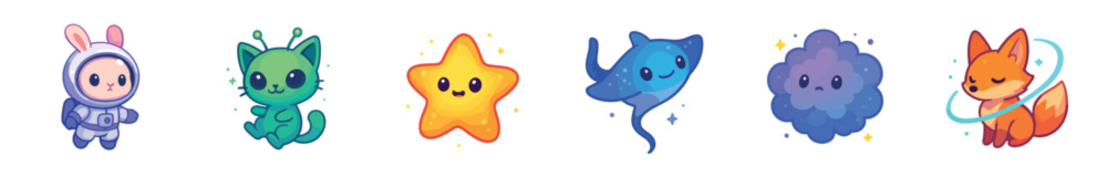 Cute collection of six kawaii space-themed characters including an astronaut rabbit, alien kitten, smiling star, manta ray, nebula, and a celestial fox in a sticker style