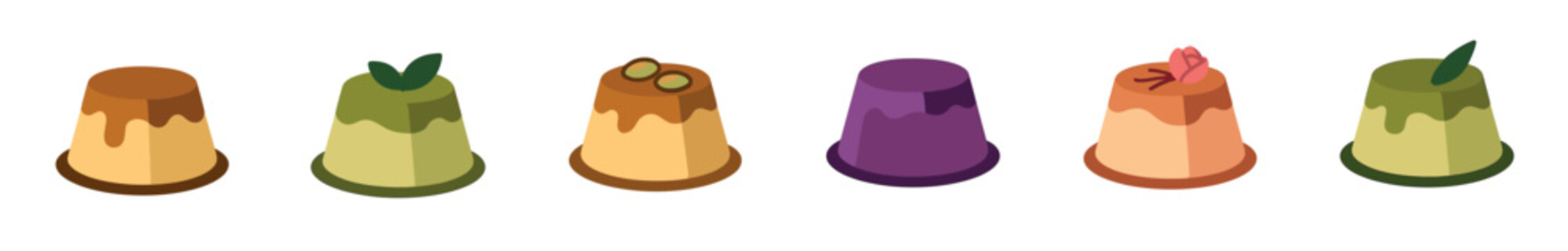 Set of six colorful puddings with various toppings and flavors like caramel, matcha, and ube, presented in a neat row as a charming flat vector illustration