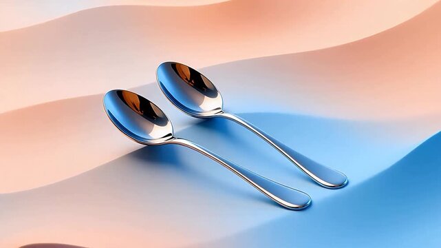 Two shiny metal spoons on colorful surface