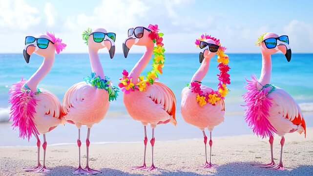 Dancing flamingos wearing sunglasses and flower leis on a tropical beach, enjoying a travel getaway with exotic ocean waves, a paradise holiday atmosphere, and festive events.