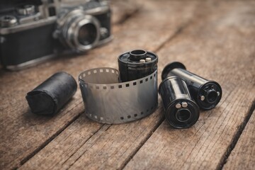 Vintage analog camera with unrolled film roll on rustic wooden surface representing classic photography and nostalgic filmmaking artistry