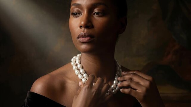 A beautiful Black woman wearing a lustrous double-strand pearl necklace gazes thoughtfully, illuminated by dramatic light against a dark, painterly background, symbolizing classic elegance.