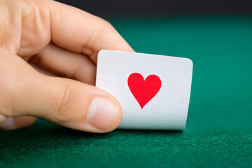 Fototapeta premium Card showing a red heart symbol held by a person's hand on a green felt table during a card game at a casino