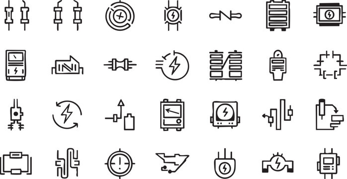 Set of Professional Electrical Engineering and Power Supply Icons Featuring Batteries Chargers Circuit Connectors and Measurement Meter Symbols