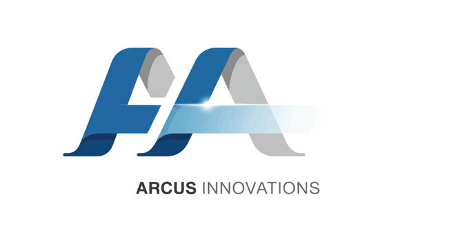 Arcus Innovations logo mark featuring blue and gray arcs with modern typography and bold branding.