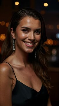 A beautiful young woman with long brown hair laughs joyfully, wearing a black dress and elegant diamond earrings at an evening event, symbolizing happiness and celebration.
