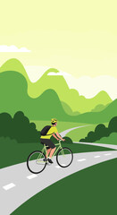 Naklejka premium Cyclist Enjoying Scenic Countryside Ride Through Verdant Hills And Winding Roads