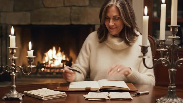 Woman writing in journal by fireplace, cozy evening, thoughtful mood, journaling, reflection