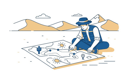 Fototapeta premium Desert Explorer Planning Adventure Using Detailed Terrain Map