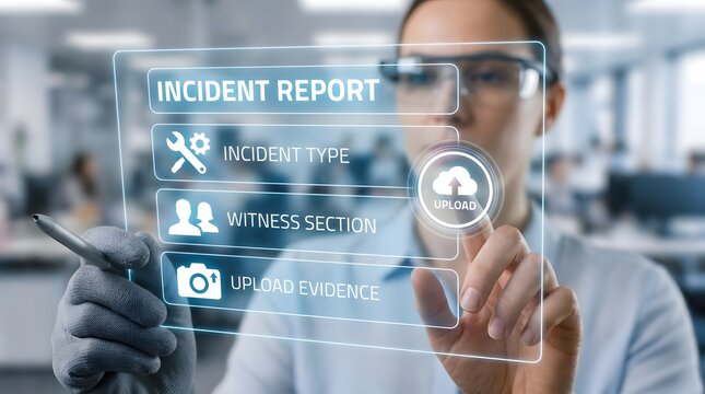 Woman using augmented reality to manage a incident report, a visual representation of tech-enhanced incident management.