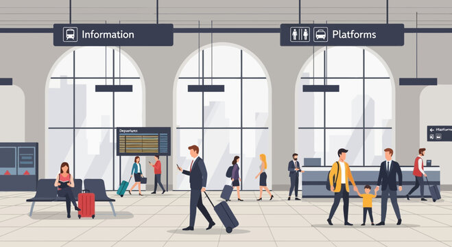 Diverse Travelers Navigating a Modern Train Station Concours